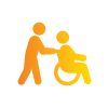 Orange icon depicting a person pushing someone in a wheelchair